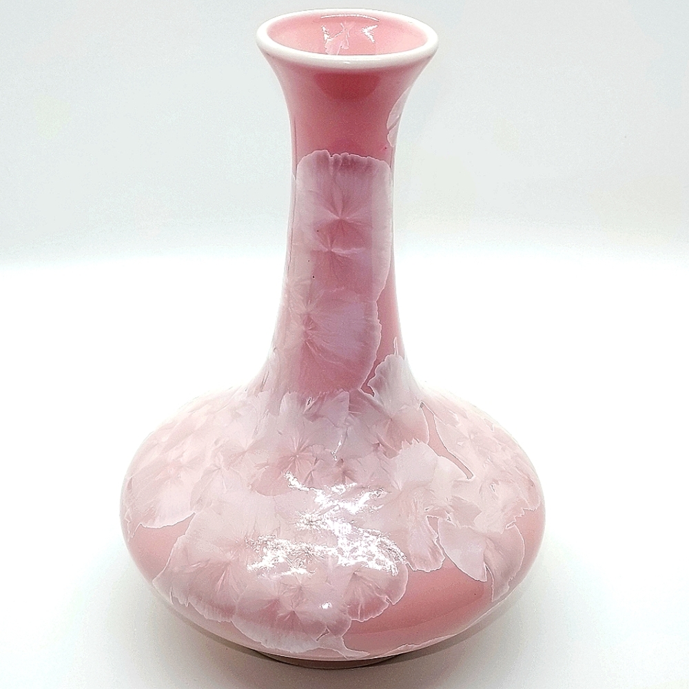 SOLD       Vintage Crystalline Pottery Vase in Rare Pink 7 in tall